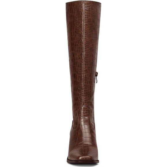 Women Brown Pu Polyurethane Knee High Square Toe Side Zipper Block Heel Boot - Picture 8 of 9